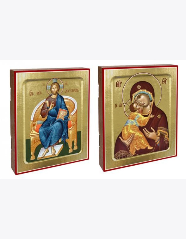 Иконы Венчальная пара (с Владимирской): Икона Пресвятой Богородицы Владимирская; Икона Спаса Вседержителя (комплект из 2-х икон)