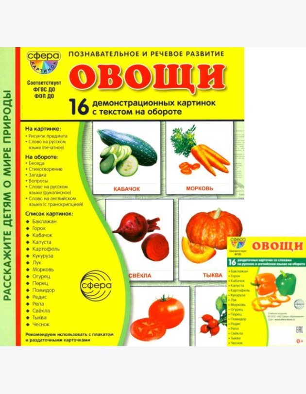 Овощи. Учебное издание. Демонстрационные картинки. Комплект из 2-х форматов: 173х220 и 63х87