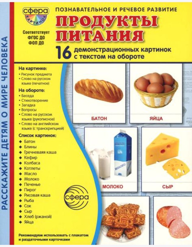 Демонстрационные картинки. Продукты питания: 16 демонстрационных картинок с текстом