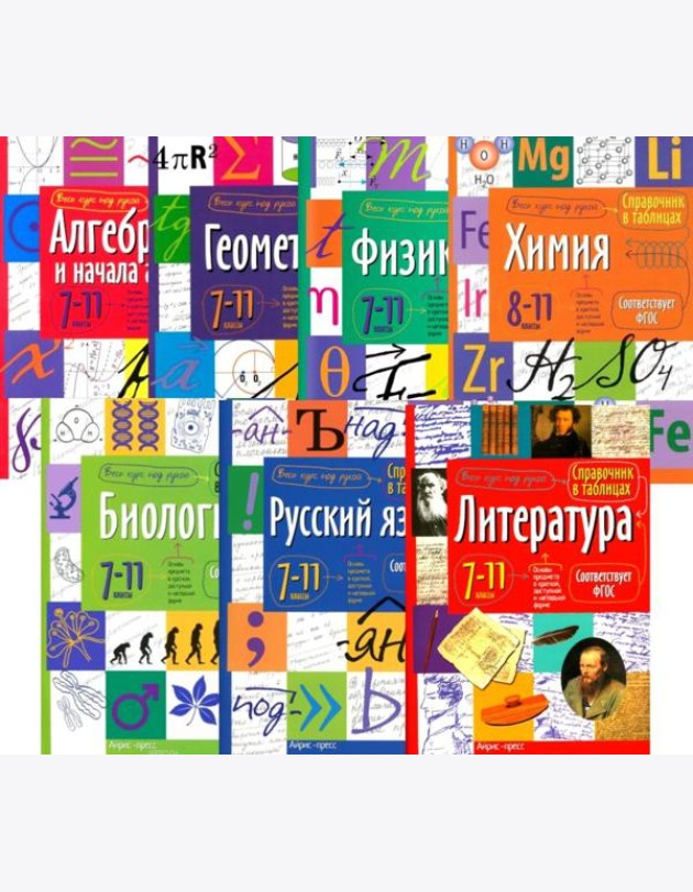 Справочник в таблицах. Алгебра и начала анализа. Геометрия. Физика. Химия. Биология. Русский язык. Литература. 7-11 кл. (комплект из 7-ми книг)